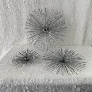 Set Of 3 Silver Sea Urchin Decor Metal Spike Sculptures Wall Burst MCM Style